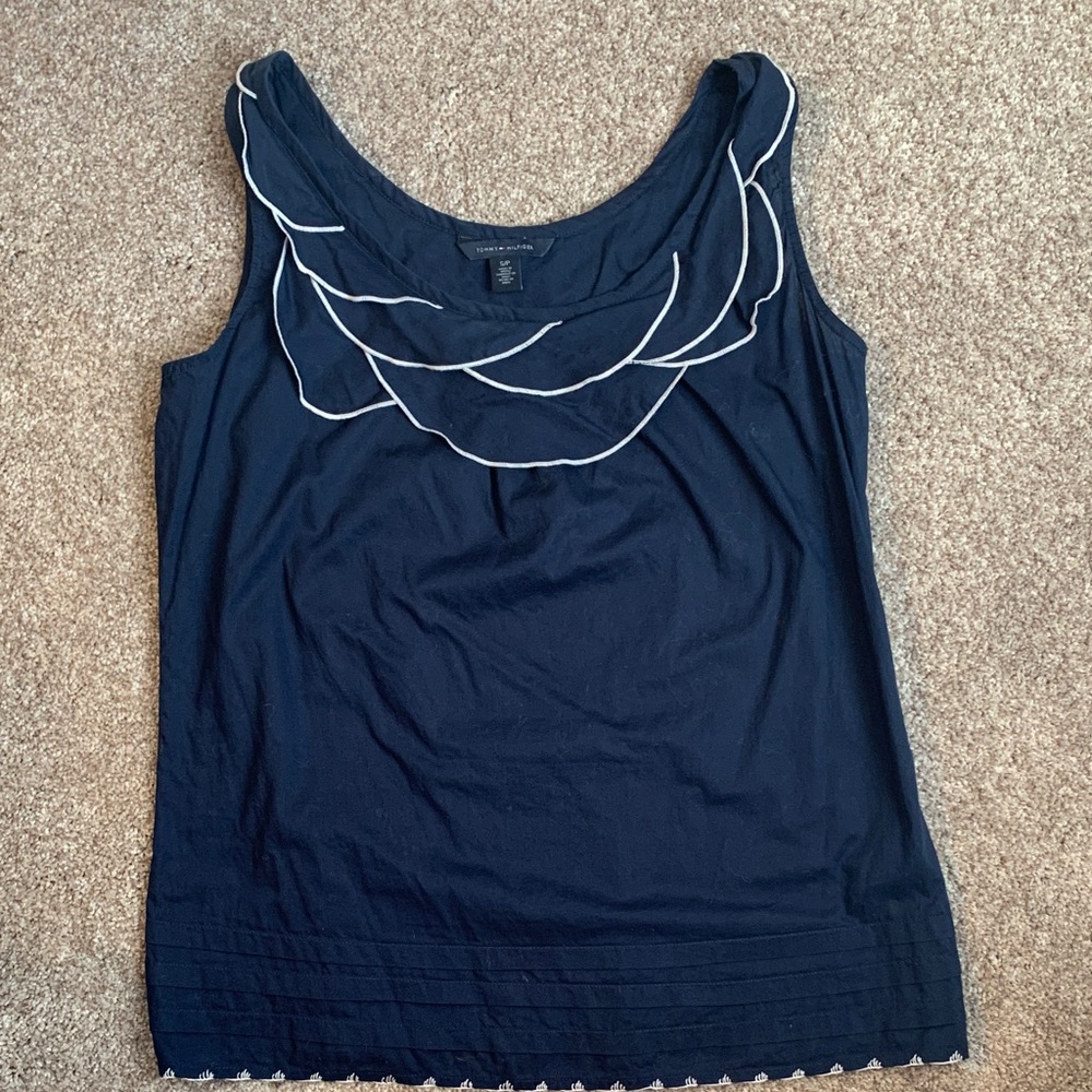 Tommy Hilfiger Navy Sleeveless Top White Trim Nautical Patriotic Thin Small